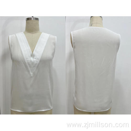 Solid Color V Neck Chiffon Lady's Sleeveless Top